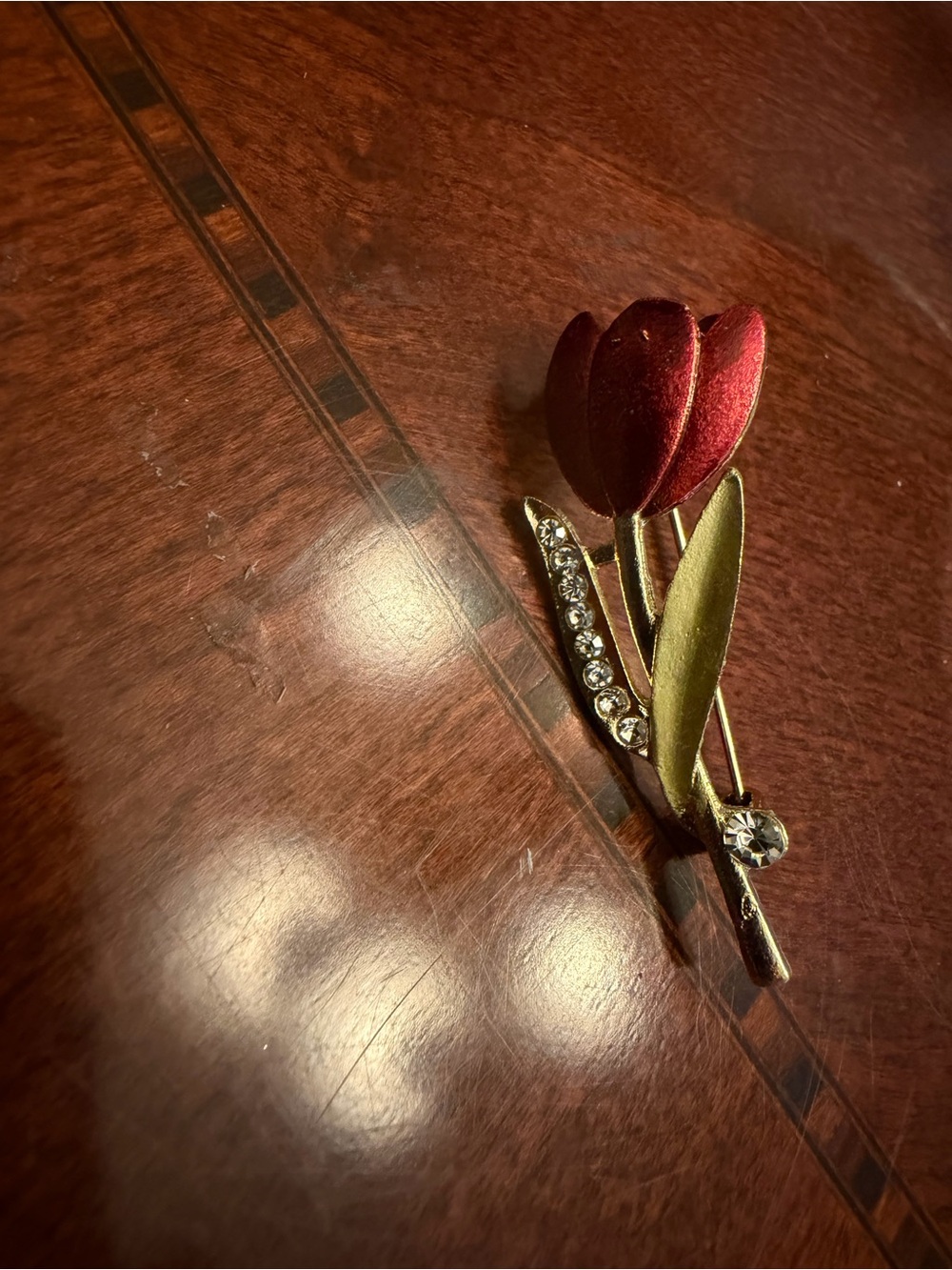 Red Tulip Floral Brooch with Rhinestones
